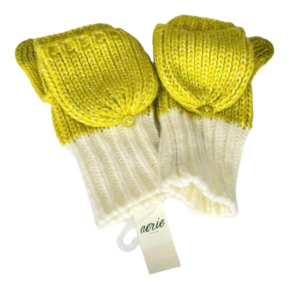 Aerie Gloves Mittens Convertible Flip Top Fingerless Green Cream Knit One Size - Picture 8 of 8